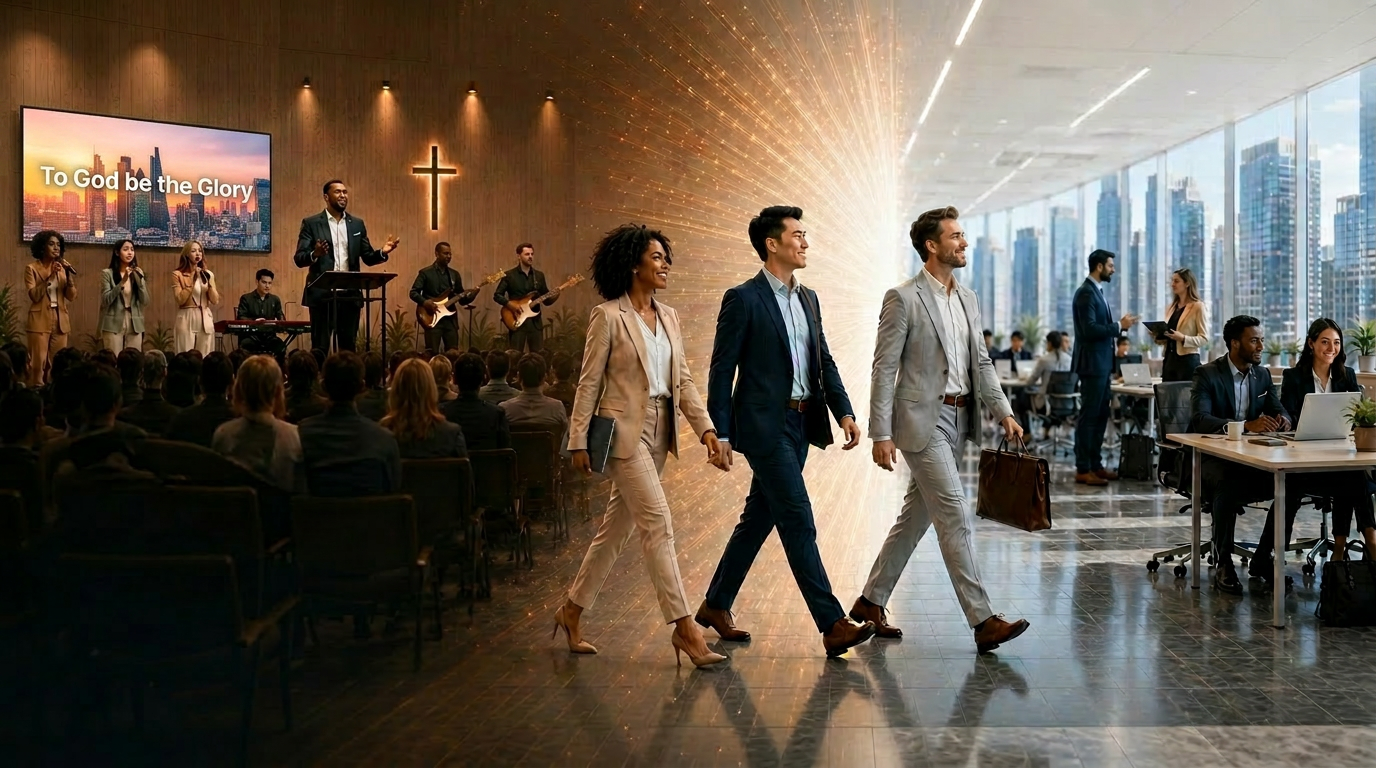 Mission2Monday — from Sunday worship to Monday workplace mission. Three professionals walk from a church service into a modern city office.